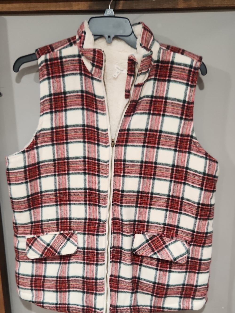 Maurices Red and White Plaid Sherpa Vest